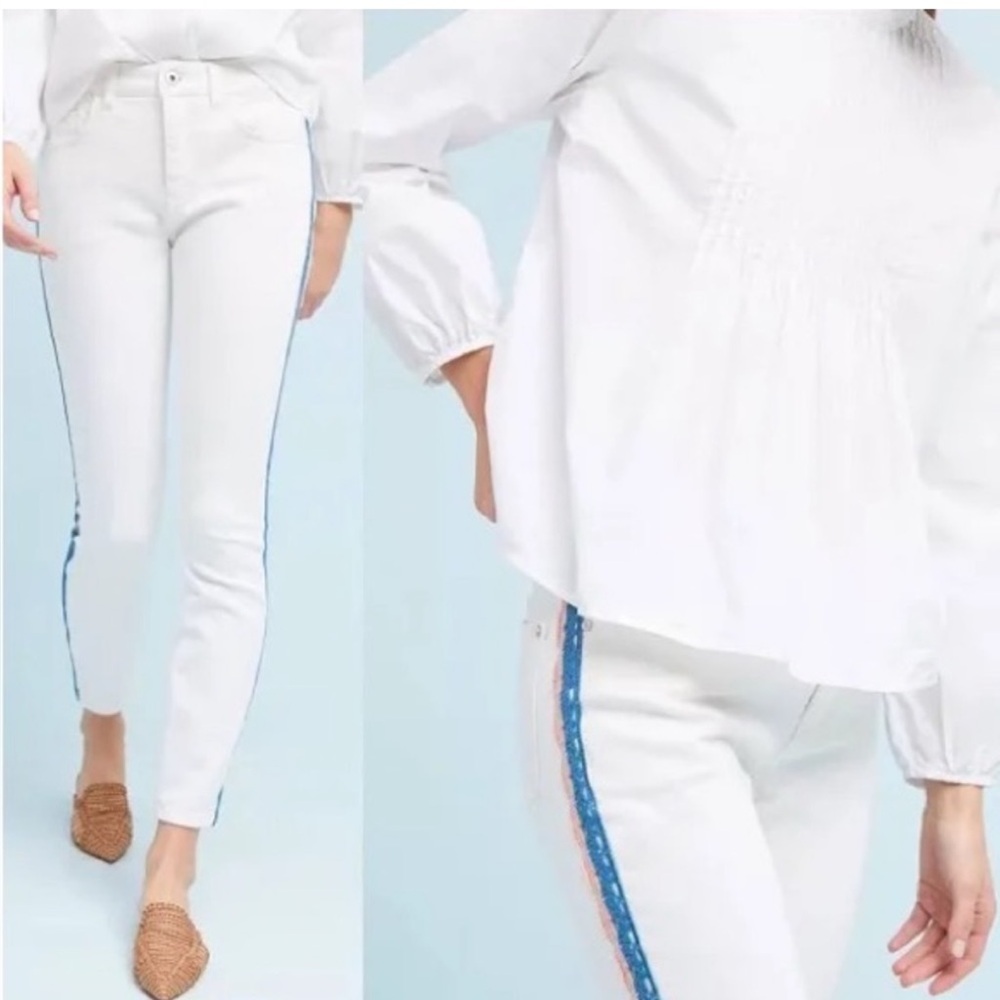 Anthropologie Pilcro & the Letterpress White Denim
Crochet Stripe Jeans Size 28